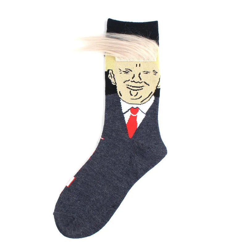 Funny and Funny  Presidential Socks With 3D Fake Hair Round Neck Socks for Men's Street Clothing Hip Hop Socks