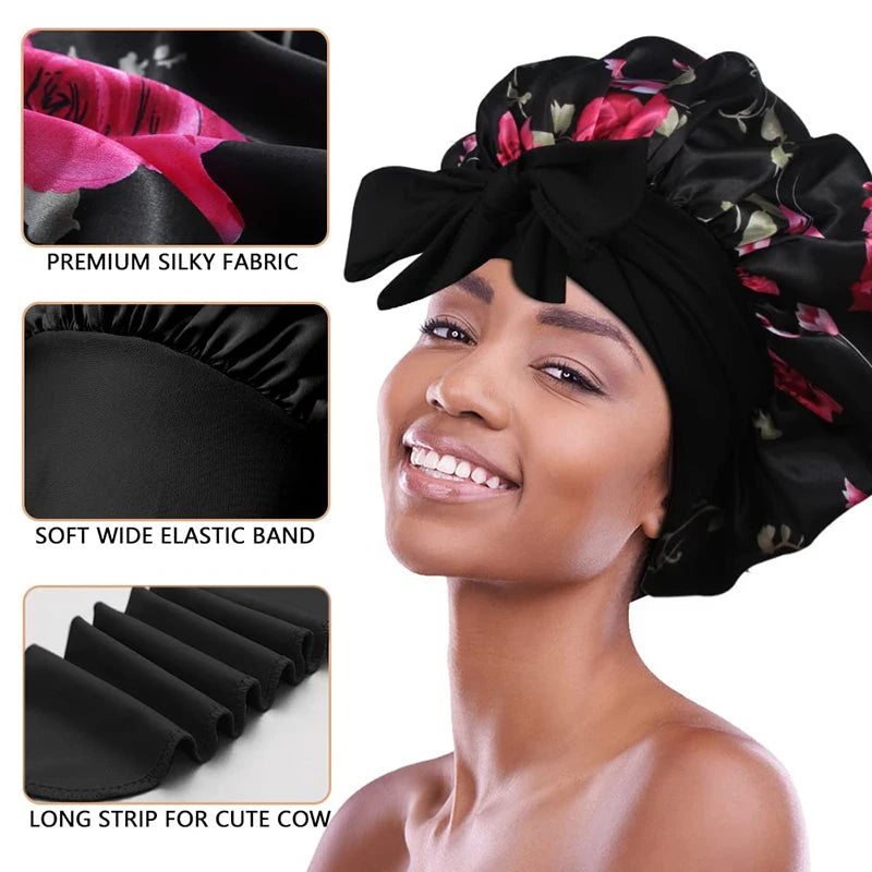 2PCS/LOT Women's Satin Silk Elastic Bonnet Sleeping Shower Night Sleep Cap Head Cover Styling Cap Hair Care Wrapping Tool