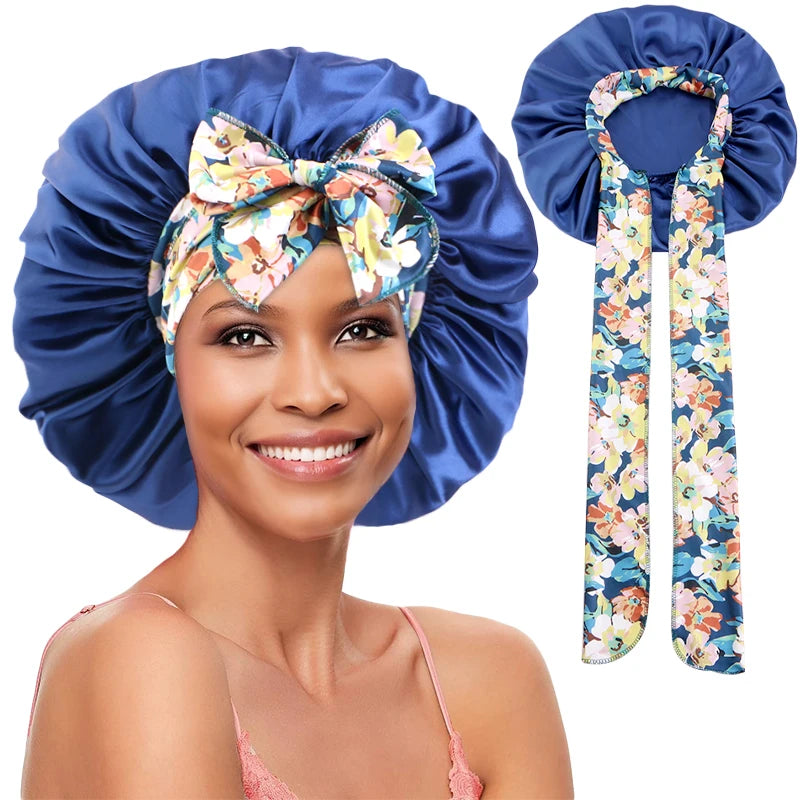 New Silky Bonnet for Sleeping Women Satin Bonnet Night Sleep Cap Large stretch printed ribbon colored nightcap hair care cap