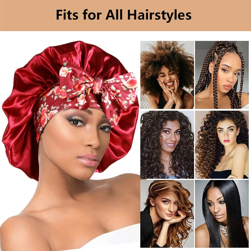 New Silky Bonnet for Sleeping Women Satin Bonnet Night Sleep Cap Large stretch printed ribbon colored nightcap hair care cap