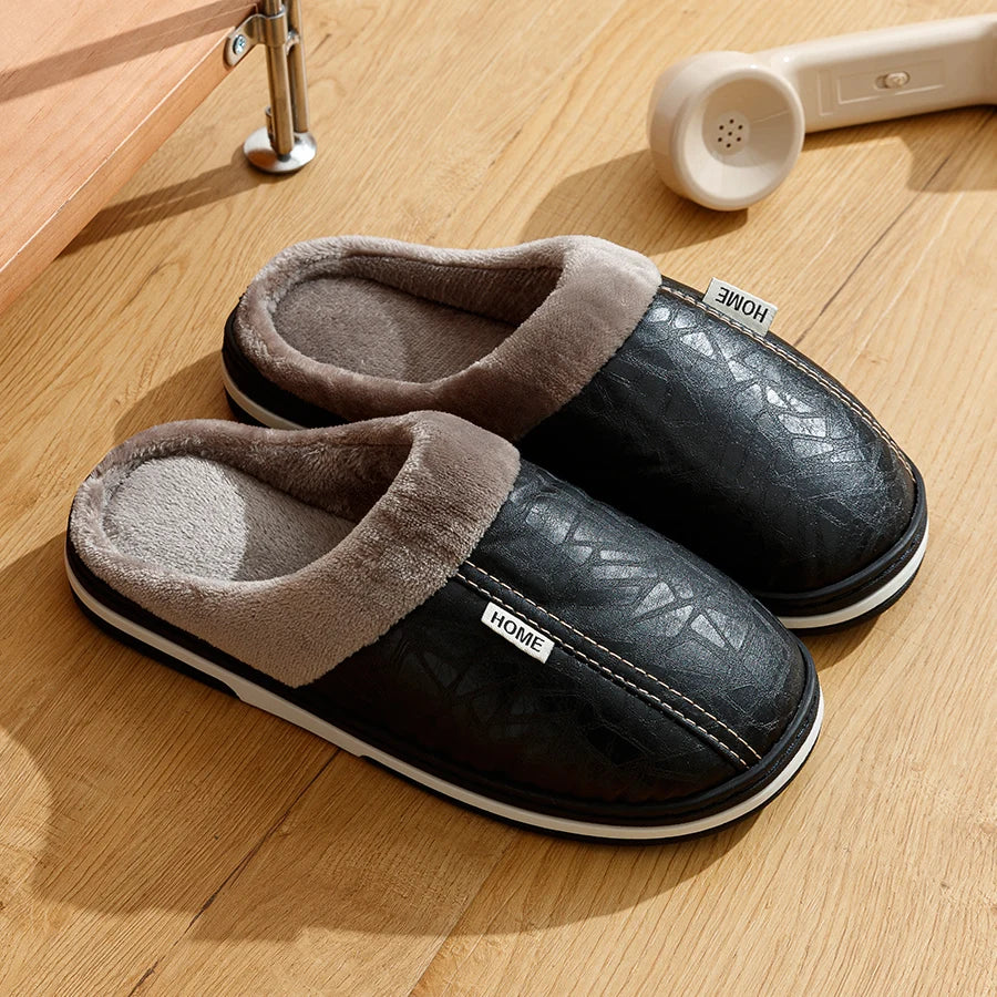 Men's Soft Plush Cozy House Casual Slippers Waterproof Anti-skid Slip-on Shoes Fuzzy Lining Indoor Walk Autumn Winter Couples