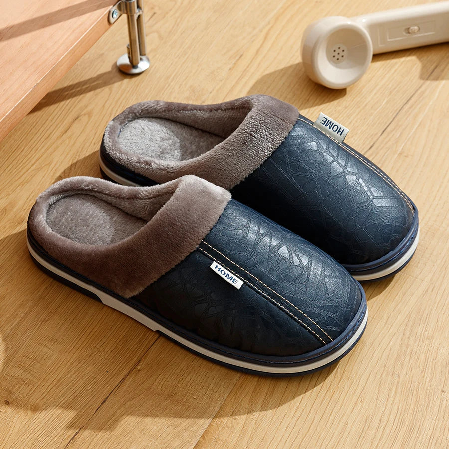 Men's Soft Plush Cozy House Casual Slippers Waterproof Anti-skid Slip-on Shoes Fuzzy Lining Indoor Walk Autumn Winter Couples