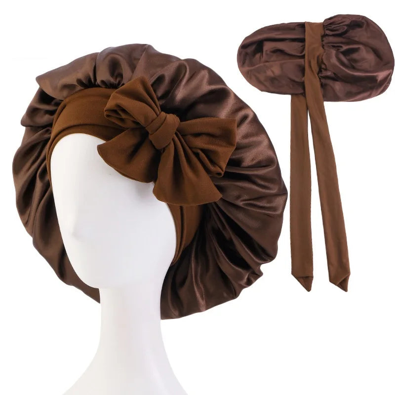 New Double-Layered Satin Bonnet with Tie Band Elastic Band Sleep Cap Reusable Adjusting Hair Care Wrap Cap Shower Caps for Women