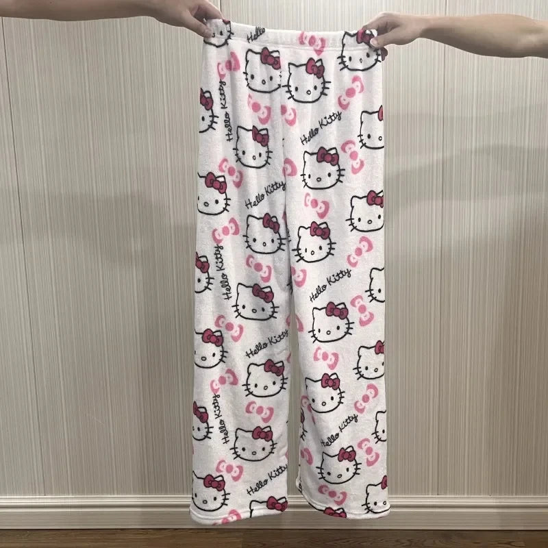 Sanrio Hello Kitty Flannel Pajamas  Y2k Kawaii Anime Women'S Warm Woolen Cartoon Casual Home Pants Autumn Winter Fashion Trouser
