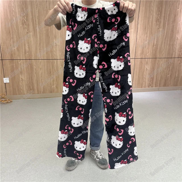 Thicken Hello Kitty Pajama Pants Sanrio Anime Fleece Double Elastic Fabric Soft Trousers Women Trousers Cartoon Birthday Gift