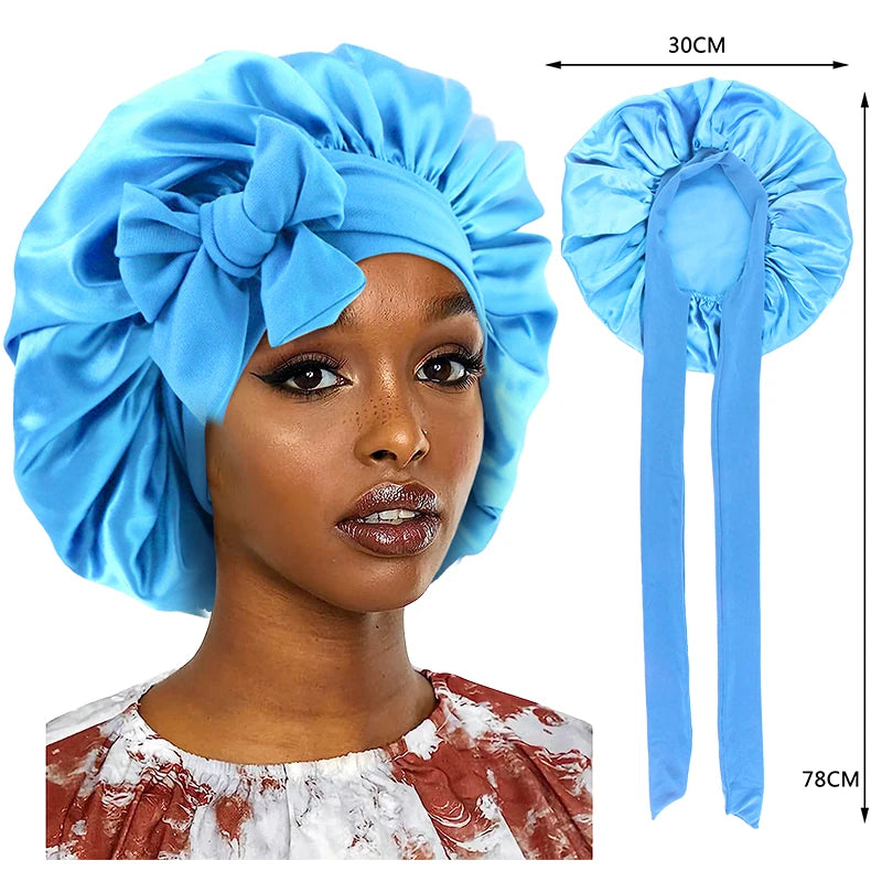 New Satin Sleeping Cap For Women Solid Wide Band Stretch Head Tie Silky Bonnet Edge Wrap Nightcap Hair Care Shower Head Cover