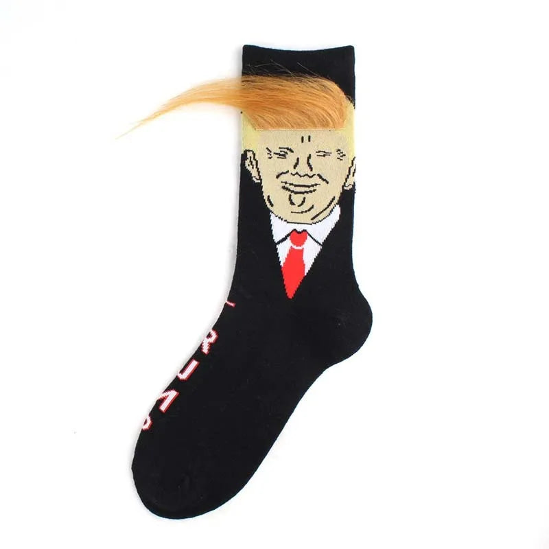 Funny and Funny  Presidential Socks With 3D Fake Hair Round Neck Socks for Men's Street Clothing Hip Hop Socks
