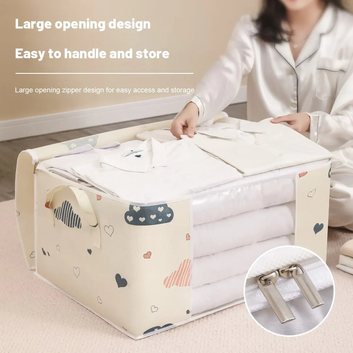 1pc Large Foldable Non-Woven Storage Bag – Fabric Dust-Proof Quilt and Clothing Organizer with Zipper and Easy Carry Handles