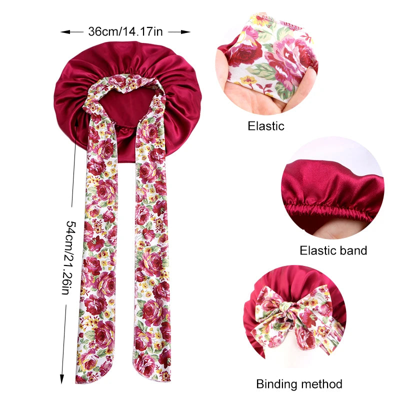 New Silky Bonnet for Sleeping Women Satin Bonnet Night Sleep Cap Large stretch printed ribbon colored nightcap hair care cap