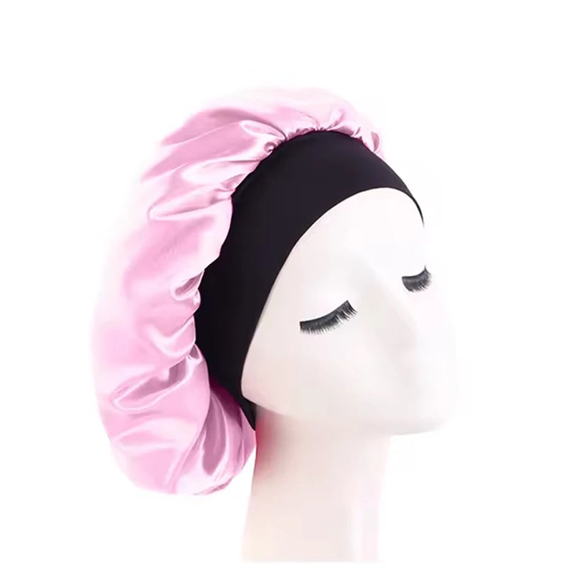 Women's Satin Solid Bonnets Wide-brimmed Night Sleeping Bathing Hat Unisex Head Wrap Elastic Band Cap Hair Care Bonnet