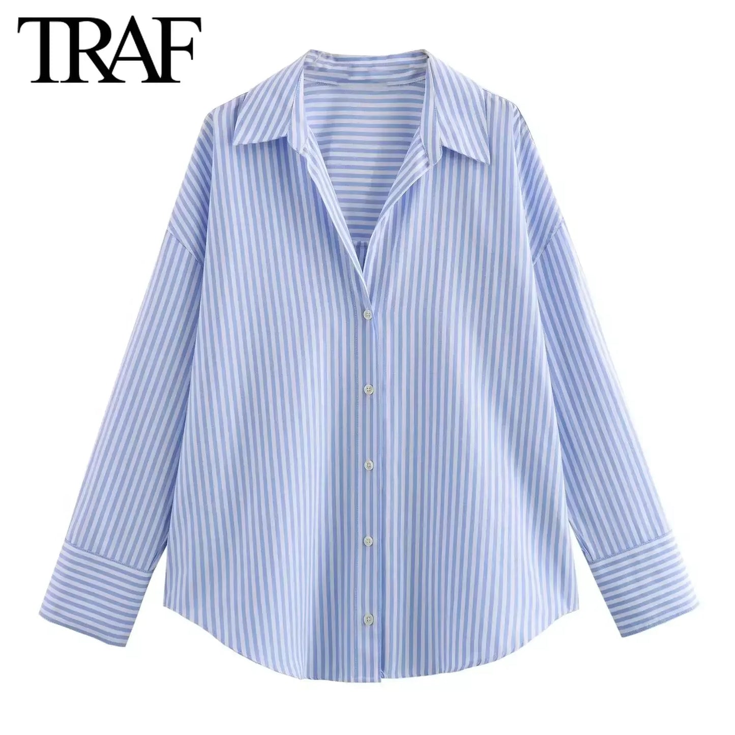 TRAF Women Fashion Spring Cotton Oxford Long Sleeve Single-breasted Lapel Blouse Street Clothing Shirt Chic Ladies Tops Mujer
