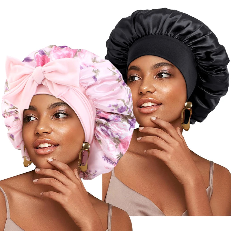 2PCS/LOT Women's Satin Silk Elastic Bonnet Sleeping Shower Night Sleep Cap Head Cover Styling Cap Hair Care Wrapping Tool