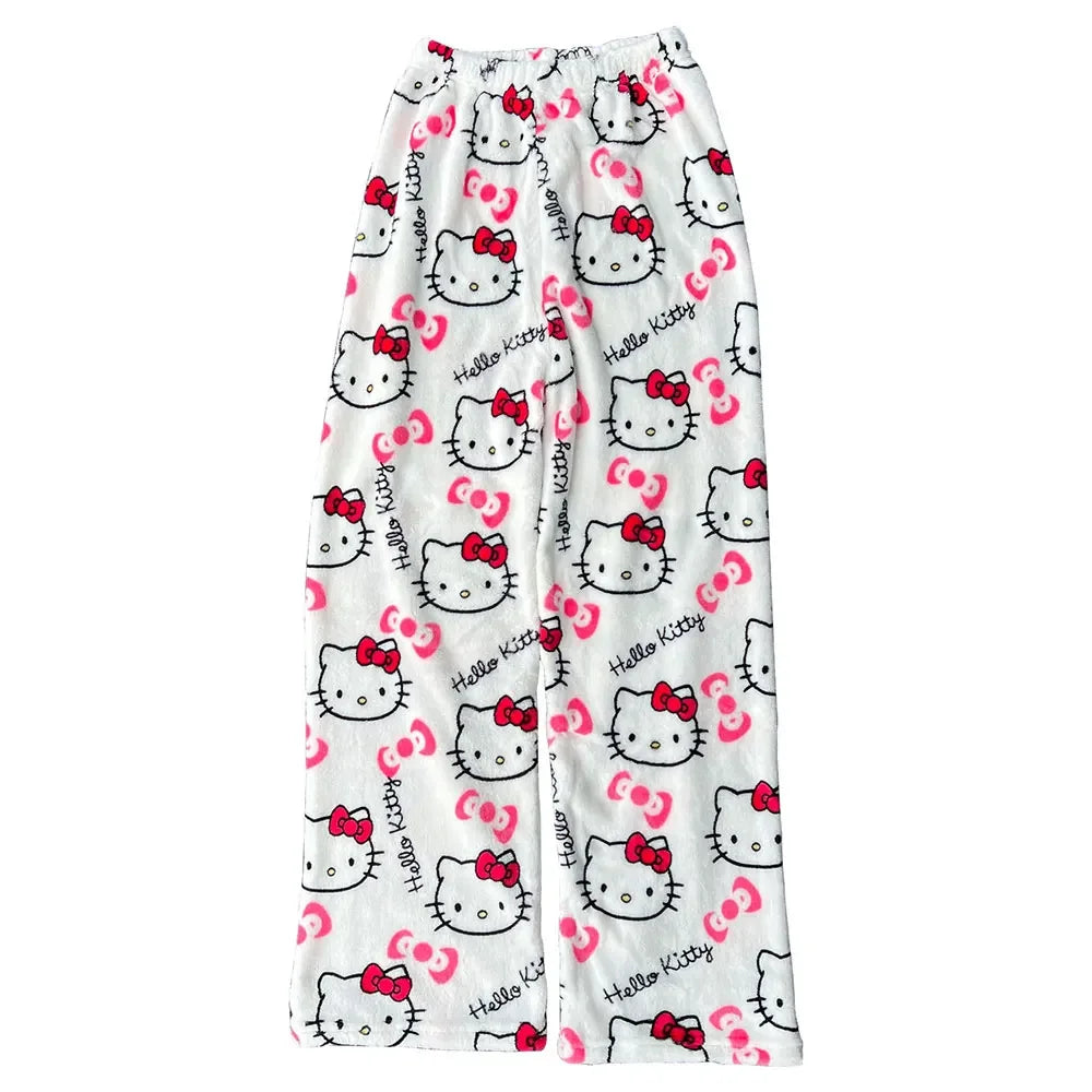 Thicken Hello Kitty Pajama Pants Sanrio Anime Fleece Double Elastic Fabric Soft Trousers Women Trousers Cartoon Birthday Gift